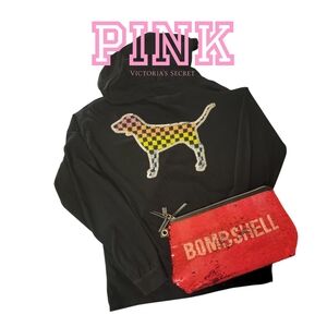 PINK Victoria's Secret Black Rainbow Checkered Sequins Dog Hoodie